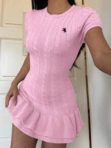 SHEIN EZwear Women's Summer Casual Embroidery Detail Ruffle Hem Mini Knit Dress,Fall Dress