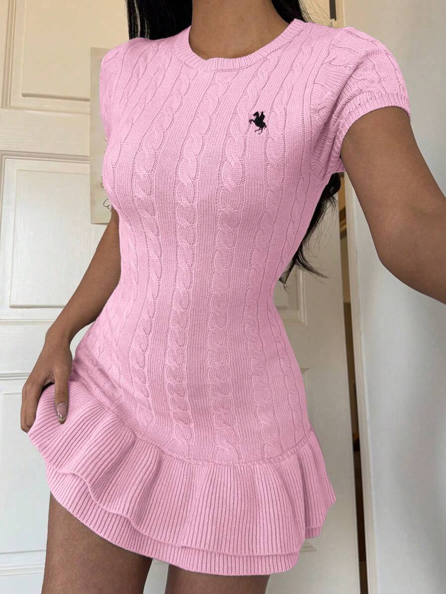 SHEIN EZwear Women's Summer Casual Embroidery Detail Ruffle Hem Mini Knit Dress,Fall Dress