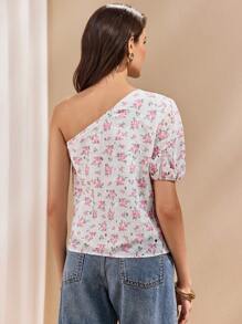 SHEIN Unity Women's Elegant Perforated Print Oblique Shoulder Blouse - White - View 2
