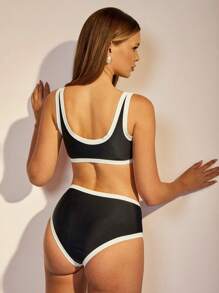 COSMINA Women's Elegant Color Blocking Vintage Coin Print Swimsuit Set, Spring/Summer - Black and White - View 2