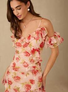 Enchnt Váy in họa tiết bèo nhún viền dây mảnh cho nữ, thanh lịch và thời trang cho mùa hè - Hồng - Xem 2