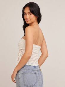 WESTFADE Western Textured Knit Strapless Ruched Bow Tie Side Asymmetrical Fitted Crop Top Summer Vacation Casual - Beige - View 5