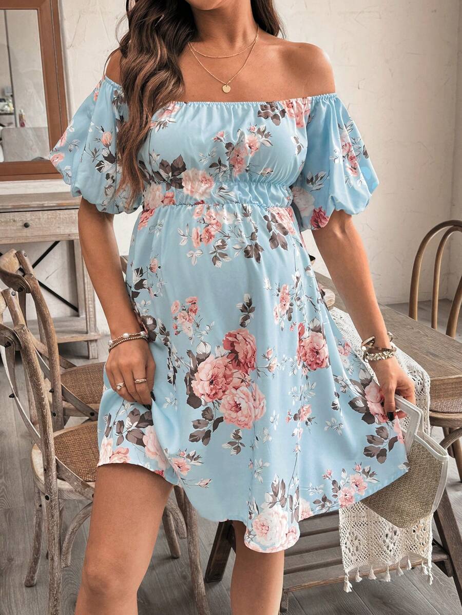 SHEIN Maternity Floral Print Off Shoulder Midi Dress, Summer - Blue - View 1