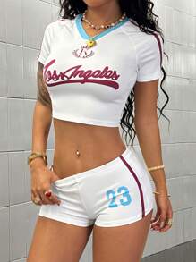 StreetHx 1 件女式白色印花 V 领 T 恤和超短裤 2 件套 - 彩色 - 查看 6