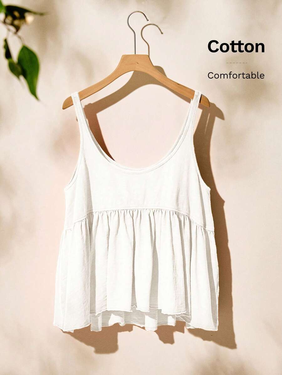 Easelle Summer Casual Splice A-Line Washed Vintage Tank Top Cotton - White - View 1