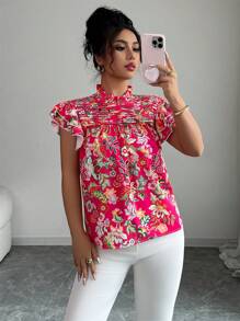 Elenzga Women's New Vibrant Floral Print Cap Sleeve Blouse Top (Floral Pattern Random Cut), Summer - Multicolor - View 5