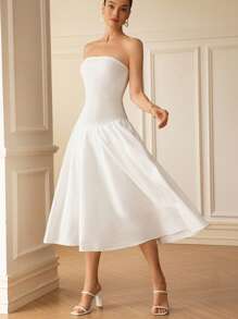 GENKIRA Women's White Summer Elegant Vacation Long Dress, Old Money Style Solid Color Sleeveless Cinched Waist Flare Hem, European American Fashion Chic Dress - White - View 1