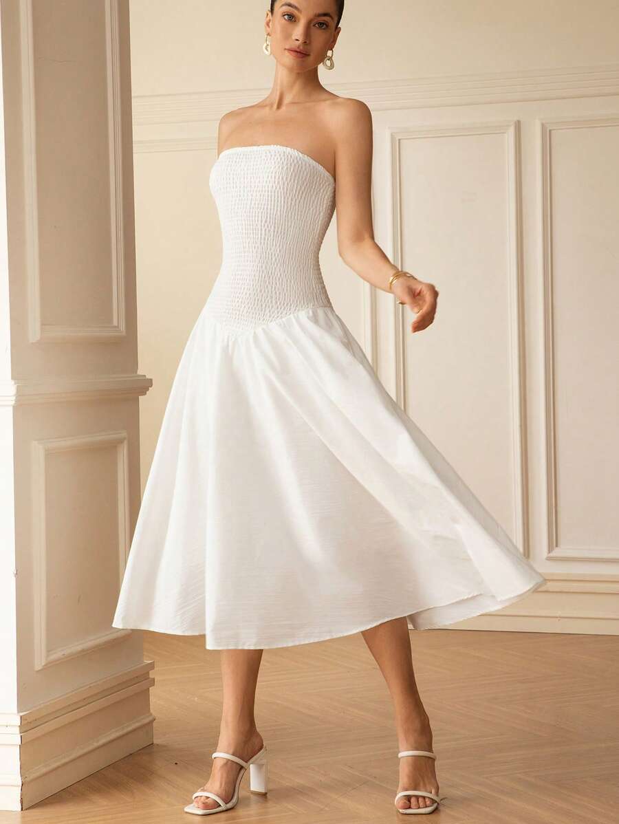 GENKIRA Women's White Summer Elegant Vacation Long Dress, Old Money Style Solid Color Sleeveless Cinched Waist Flare Hem, European American Fashion Chic Dress - White - View 1