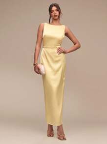 SHEIN BAE Women's Summer Solid Yellow Sleeveless Backless Bow Hip Straight Satin Elegant Midi Dress/Yellow Dress/Butter Yellow Dress/Summer Dresses For Women/Graduation Dress/Prom Dress/Wedding Guest Dress Women - White - View 2