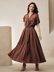 Anewsta Váy sơ mi phong cách nghỉ dưỡng chắp vá ren giản dị lãng mạn, màu cà phê, xuân/hè - Cà phê - Xem 1