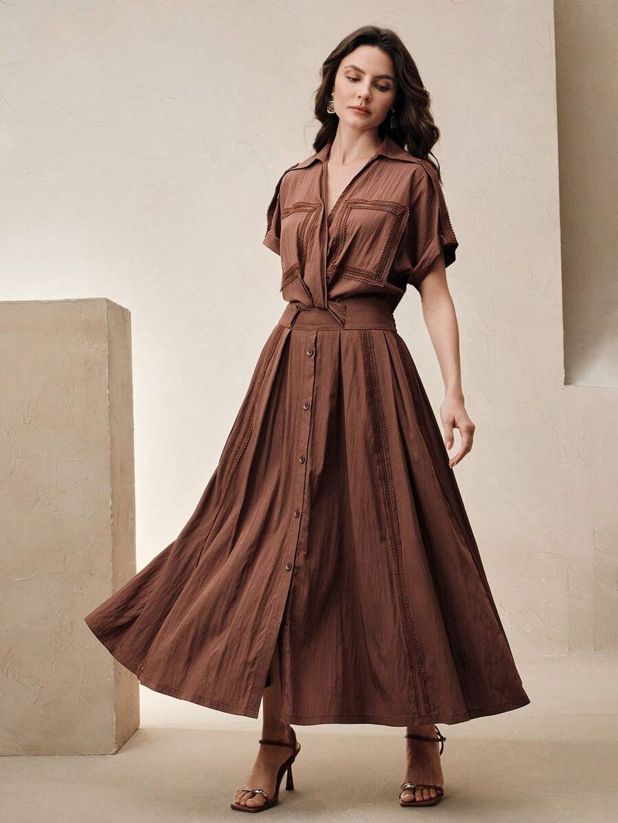 Anewsta Váy sơ mi phong cách nghỉ dưỡng chắp vá ren giản dị lãng mạn, màu cà phê, xuân/hè - Cà phê - Xem 1