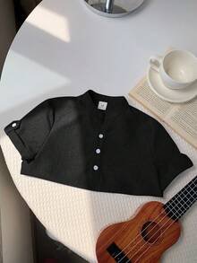 SHEIN LMoss Kids 1pc Young Boys' Casual Loose Woven Plain Stand Collar Short Sleeve Shirt Young Boys Suit Set - Black - View 6