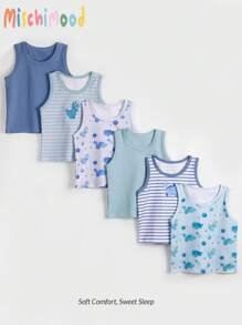 SHEIN Streecool Kids 6pcs Pack Young Boy Cute Dinosaur, Universe, Planet Allover Print Multi-Color Striped Elastic Comfortable Vest Underwear, Casual Undershirts - Multicolor - View 1