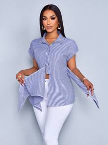 SOLERSUN Women's Striped Print Button Front Shirt,Casual Elegant Striped Print Tie Front Detail Blouse - Royal Blue - View 3