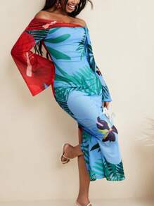 BELANGE HANDMADE Floral Mesh Print Off Shoulder Bow Flared Long Sleeves Fitted Women Dress Vacation Holiday