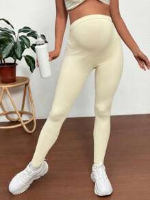 SHEIN Maternity Solid Color Slim Fit Casual Pants For Outdoor Sports & Yoga - Yellow - View 4