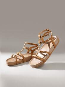 Solecia 女士时尚棕色露趾休闲系带舒适平底凉鞋，适合春夏季度假 - 棕色 - 查看 5