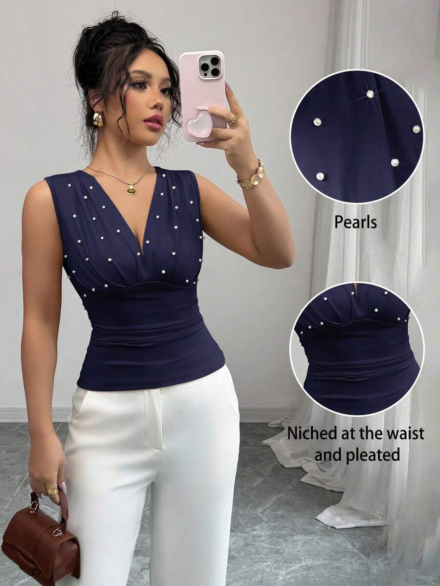 Elenzga Beige Pearl Elegant & Romantic Women Camisole - Navy Blue - View 1