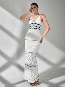 CLARA VERO 女士特别针织罩衫长款无袖连衣裙，撞色细节 - 白色 - 查看 6