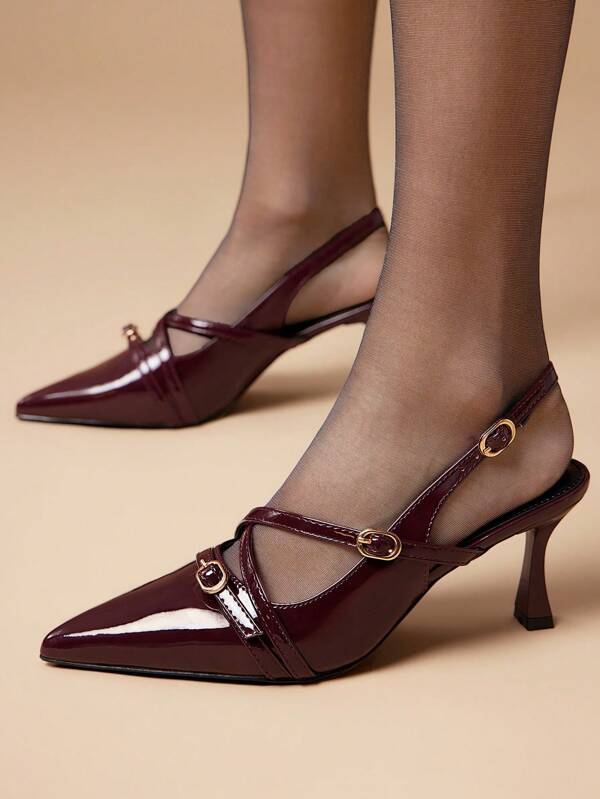 SHUZIA Versatile Sleek Design Burgundy Patent Fashionable High Heel Sling Back Comfort All-Day Casual Office Pumps
