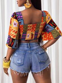 BamGleam 女士松紧腰印花度假衬衫，夏季时尚 - 彩色 - 查看 2