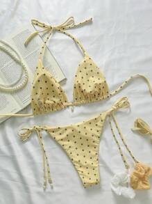 Swim Mod Springbreak Women's Polka Dot Print Halter Tie Front Bikini Set Set, Random Print For Summer Beach Vacation - Yellow - View 2