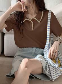 DAZY 新款休闲女式条纹T恤，夏季风格 - 咖啡棕 - 查看 4