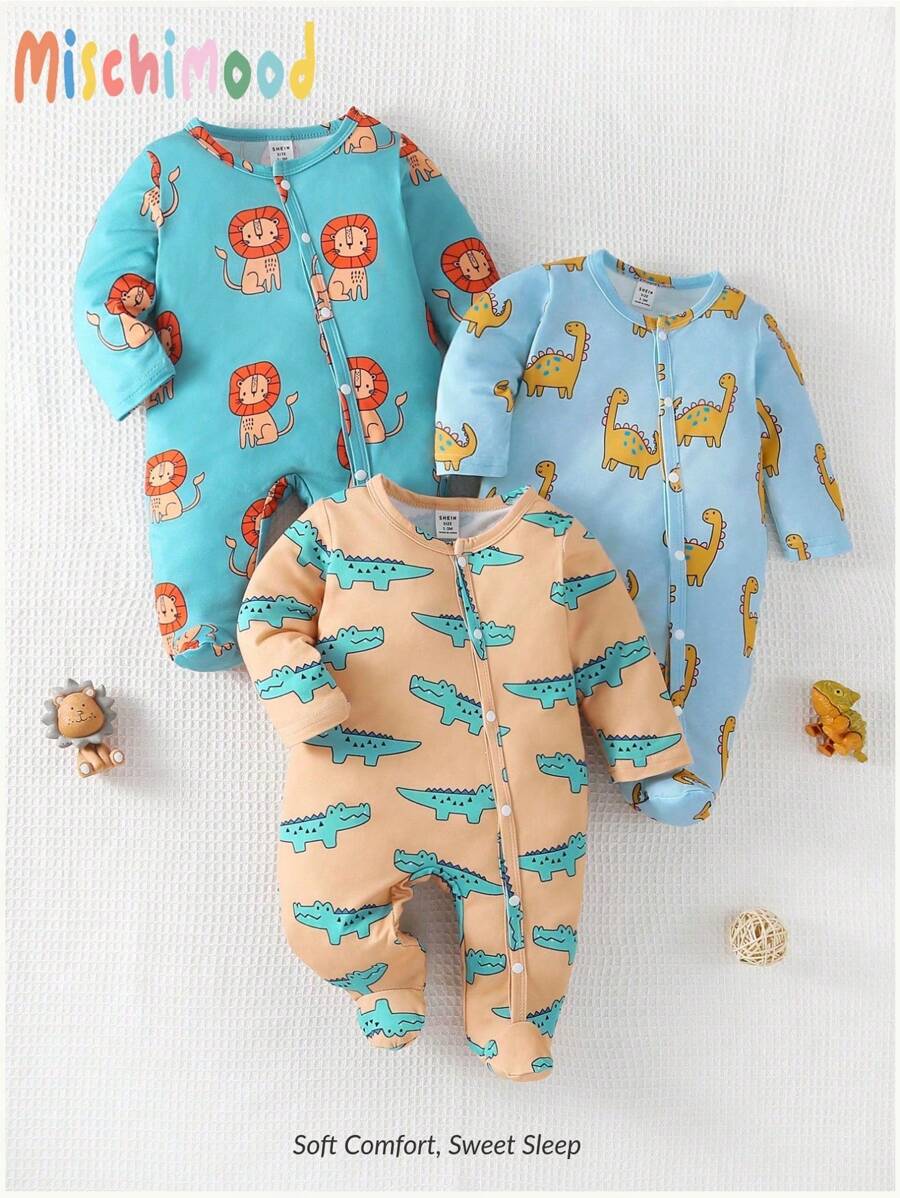 3 件套新生儿简约时尚可爱狮子恐龙鳄鱼动物印花长袖连身裤连体衣 - 彩色 - 查看 1