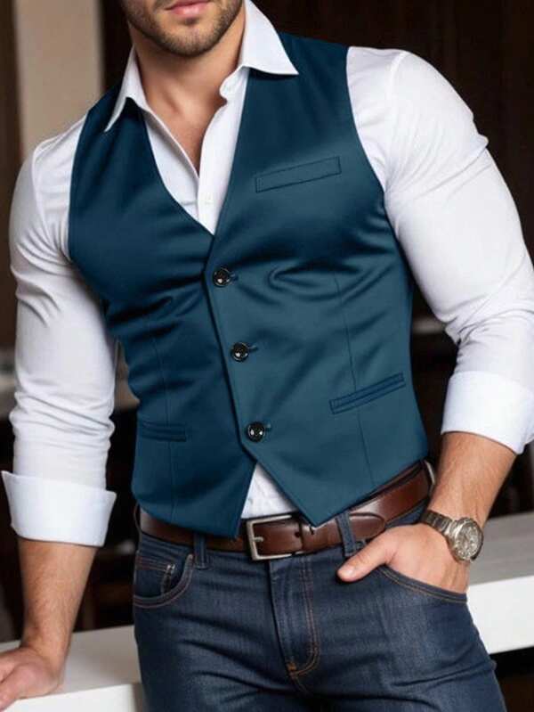 Manfinity Bizformal Chaleco de traje slim fit para hombres, ropa formal sin plancha, atuendo de padrino de boda