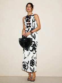 VALERIA GALIPOLI Vestido largo de verano elegante con estampado floral sin mangas, lazo y corte lápiz para mujer, ideal para vacaciones y playa