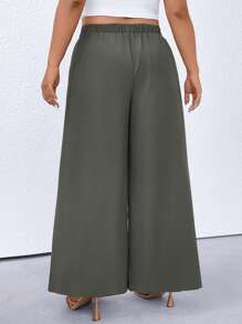 EMERY ROSE Plus Size Women Dandelion Print Elastic Waist Pockets Wide Leg Casual Pants - Army Green - View 2