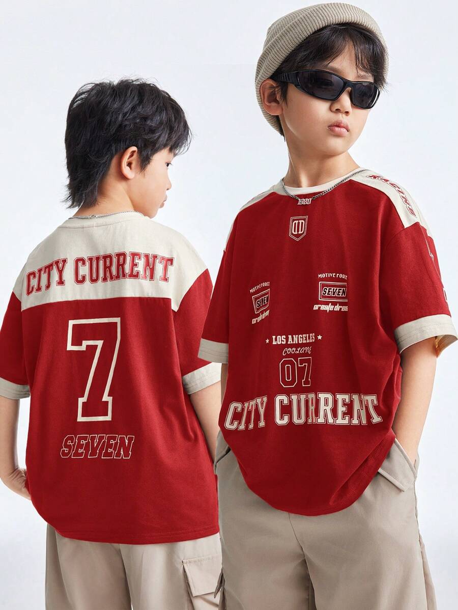Coolane Kids 青少年男童春夏圆领短袖字母印花休闲棕色T恤亲子服装 - 紅色 - 查看 1