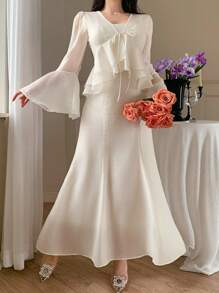 DAZY Completo da 2 pezzi composto da blusa in chiffon semplice e casual con laccetti e volant, e gonna a sirena aderente, adatto per matrimoni, lauree, feste, abbigliamento autunnale da donna - Beige - Visualizzare 13
