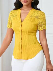 Lyxana Women's Elegant Solid Color Lace Patchwork Blouse, Summer - Yellow - View 5