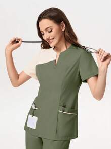 TaskEZ Color-Blocking Scrubs Set Consisting Of Short Sleeve Top And Pants, For /Healthcare Staff, Workout Clothes Women Scrub Sets For Women Scrubs Scrub Set Nurse Scrub Sets Women - Army Green - View 7