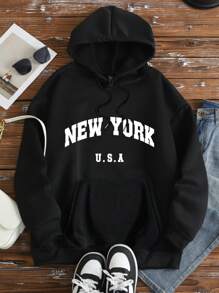 SHEIN MOOSTA 大码女式字母“NEW YORK U.S.A”城市名称印花保暖内衬抽绳黑色卫衣，适合毕业、返校、教师等场合，秋冬季节穿着。 - 黑色 - 查看 3
