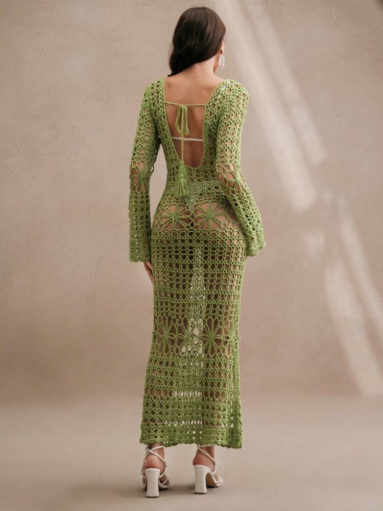 Hollow-Out Sexy Maxi Dress, Hand-Knit Beach Bikini Cover-Up, Deep V Backless Long Beach Dress For Summer Beach Vacation
