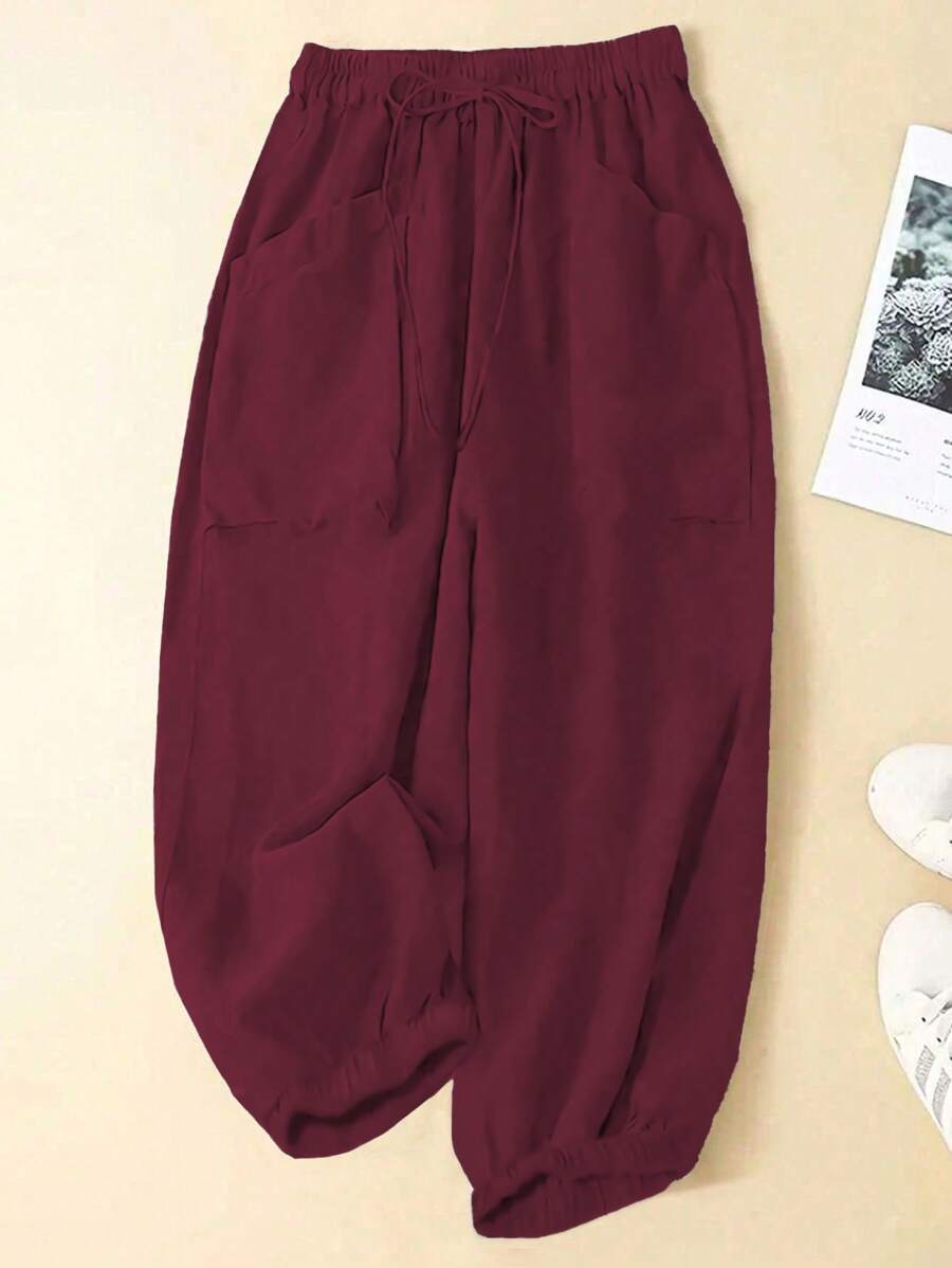 Linhara Plus Size Women Solid Color Tie-Waist Pocket Wide Leg Casual Pants