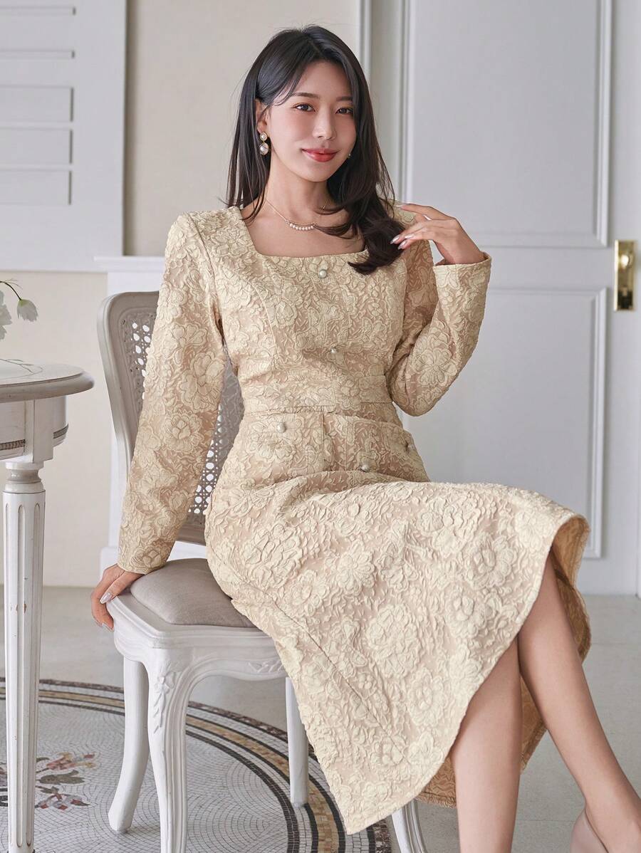 DAZY 1 chiếc đầm nữ màu trơn, họa tiết hoa, cổ vuông, dài ngang gối, thích hợp cho hẹn hò, đầm thu, đầm tay dài, đầm maxi. - Màu be - Xem 1