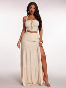 Radiana 女式米色棉质波西米亚风夏季套装：露背挂脖吊带背心 + 飘逸长裙 2 件套，节日/度假装，沙滩/海岛装 - 杏色 - 查看 3