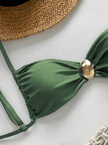 Swim Chiccia 2pcs Women Summer Vacation Outfits, Gold Round Accessory Sleeveless Top And Thong Bikini Beach Swimwear Set Green Olive Green Holiday - Army Green - View 3