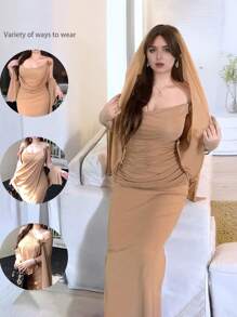 INAWLY Vestido elegante de verano con volantes color caqui talla grande - Caqui - Ver 1