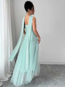 Elenzga Women's Elegant Summer French Style Strapless Ruffled Tie Back Maxi Dress - Green - View 4