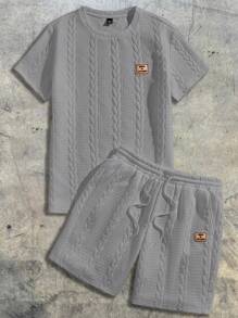 AXEPEAK 2pcs Knitted Casual Print Set Summer Outfit, Streetwear Essentials - Light Grey - View 5