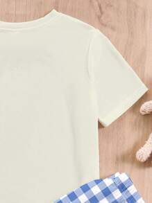 SHEIN Leap Crew 青少年女孩可爱小熊印花休闲简约圆领短袖和裤子家居服套装，夏季 - 彩色 - 查看 3