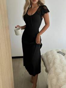 SHEIN Váy ngủ dài dệt kim đan lưới chắp vá ren cho nữ - màu đen - Xem 4