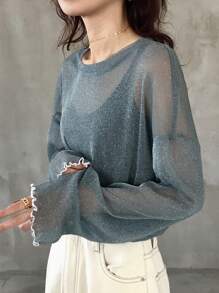 FRIFUL Women Loose Crew Neck See-Through Mesh Top, Layer In Spring & Summer Long Sleeve Women Tops,Fall Women Clothes - Blue - View 5