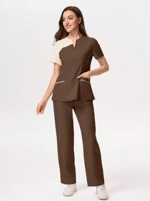 TaskEZ Contrast Color Notched Neck Short Sleeve Top And Pants Scrub Uniform Set - Brown - View 2