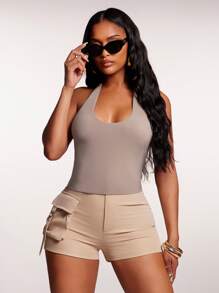 SHEIN SXY Women's Sexy Solid Color Backless Halter Top, Summer - Khaki - View 3