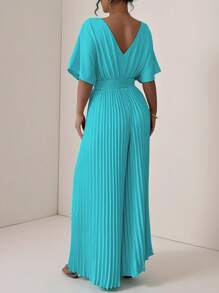 Vesra 纯色V领蝙蝠袖褶皱优雅女式连体裤 - 薄荷藍 - 查看 2